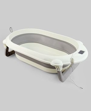 Babyhug Foldable Baby Bath Tub with Thermometer| Spacious Design| Anti-Slip Base| Drainage Plug| Temperature Gauge| Lightweight & Easy to Store| 0 to 24 Months - Grey