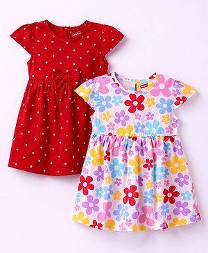 Babyhug Cotton Knit Frocks with Bow Detail Multi Color 6-9 Months