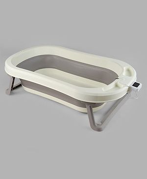 Babyhug Foldable Baby Bath Tub with Thermometer| Spacious Design| Anti-Slip Base| Drainage Plug| Temperature Gauge| Lightweight & Easy to Store| 0 to 24 Months - Grey
