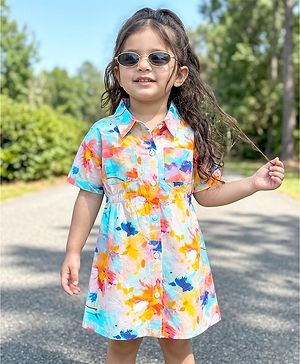 Babyhug Cotton Woven Half Sleeves Shirt Dress With Floral Print - Multicolor