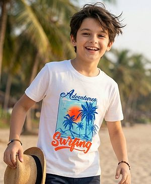 Pine Kids Cotton Knit Half Sleeves T-Shirt with Surfing Print - White