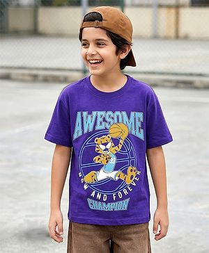 Pine Kids 100% Cotton Knit Half Sleeves Tiger Printed T-Shirt - Purple