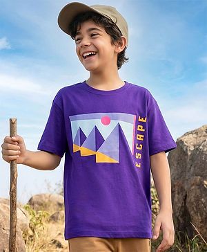 Pine Kids Cotton Knit Half Sleeves T-Shirt with Text Print - Purple