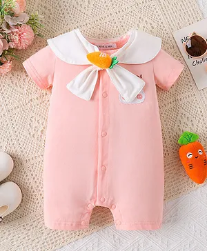 Mark & Mia Cotton Half Sleeves
                              Bunny Embroidered Romper with Tie &
                              Carrot Applique- Pink