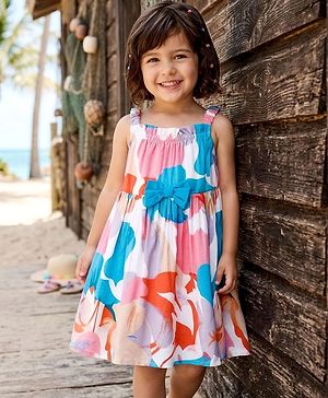 Babyhug Cotton Woven Flared Printed A Line Frock with Bow Applique - Blue & White
