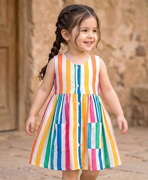 Babyhug 100% Cotton Woven Sleeveless Striped Frock - Multicolour