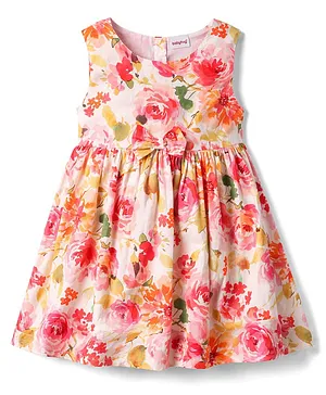 Babyhug Cotton Woven Sleeveless
                                  Frock with Floral Print & Bow
                                  Applique - Multicolor