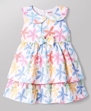 Babyhug Cotton Woven Sleeveless Frock With Floral Print & Bow Applique - Multicolor