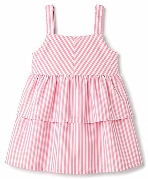 Babyhug 100% Cotton Woven Sleeveless Striped Layered Frock - Pink