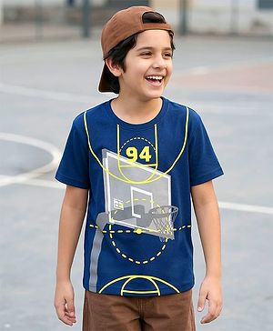 Pine Kids Cotton Knit Half Sleeves T-Shirt With Basketball Print - Navy Blue