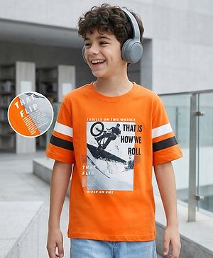 Pine Kids Cotton Knit Half Sleeves T-Shirt With BMX Print - Rust Orange