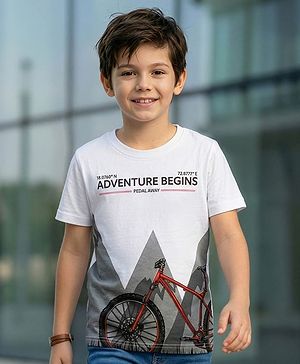 Pine Kids Cotton Knit Half Sleeves T-Shirt with Adventure Print - White