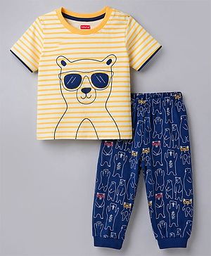 Babyhug Cotton Knit Half Sleeves Striped & Bear Printed T-Shirt & Pyjama Night Suit With Patch - Orange & Navy Blue