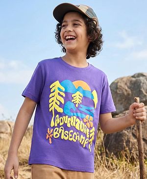 Pine Kids Cotton Knit Half Sleeves T-Shirt with Jungle Safari Theme Print - Purple