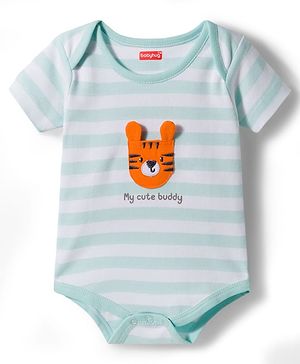 Babyhug 100% Cotton Knit Half Sleeves Striped Onesie with Tiger Patch - Multicolor