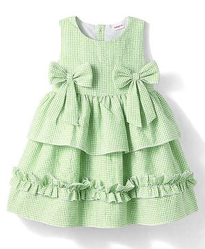 Babyhug Cotton Woven Sleeveless Checked Frock With Bow Applique - Light Green