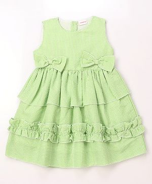 Babyhug Cotton Woven Sleeveless Checked Frock With Bow Applique - Light Green