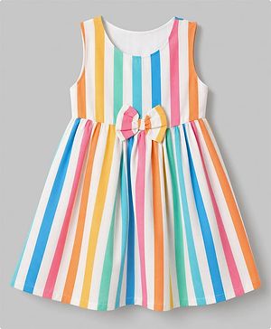 Babyhug Cotton Woven Sleeveless Striped Printed Dress With Bow Applique - White