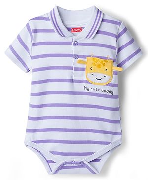 Babyhug 100% Cotton Knit Half Sleeves Striped Onesie with Giraffe Patch Detailing - Multicolor