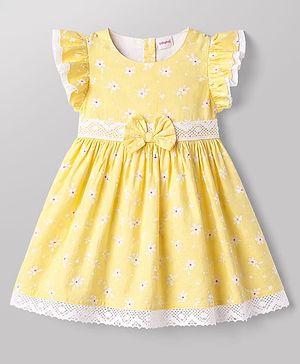 Babyhug 100% Cotton Woven Half Frill Sleeves Floral Printed Frock With Bow Applique & Lace Detailing - Yellow