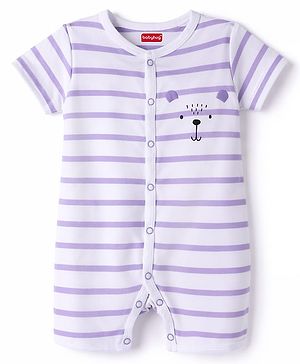Babyhug 100% Cotton Interlock Knit Half Sleeves Striped Romper With Bear Print - Multicolor