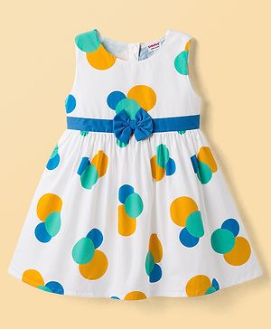 Babyhug Woven Sleeveless Frock with Polka Dot Print & Bow Applique - Multicolor
