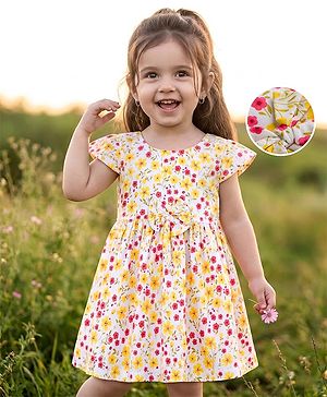 Babyhug Rayon Woven Half Sleeves  Floral Printed Frock with Bow Applique- Yellow