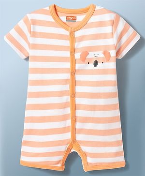 Babyhug 100% Cotton Knit Half Sleeves Striped Koala Printed Romper - Multicolor