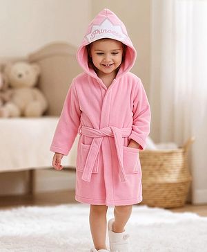 Babyhug Microfiber Knit Full Sleeves Princess   Embroidered Terry Hooded Bath Robe - Pink