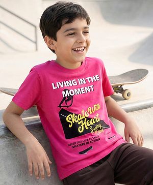 Pine Kids Cotton Knit Half Sleeves T-Shirt With Skateboarding Print - Purple