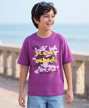 Pine Kids Cotton Knit Half Sleeves T-Shirt With Text Print - Purple