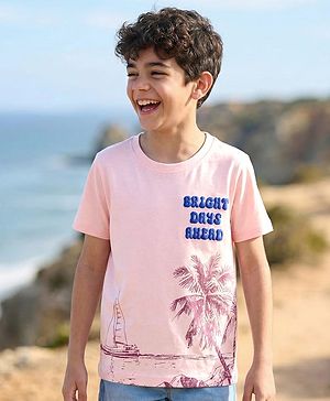 Pine Kids Cotton Knit Half Sleeves T-Shirt With Beach Print - Pink