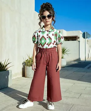 OLLINGTON ST. Rayon Woven Printed
                              Half Sleeves Top & Twill Culottes Set
                              - Multicolour & Brown