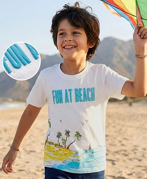 Pine Kids Cotton Knit Half Sleeves T-Shirt with Beach Theme Print - White