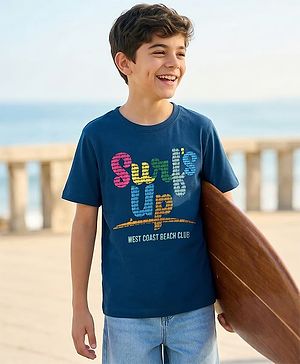 Pine Kids Cotton Knit Half Sleeves T-Shirt With Text Print - Navy Blue