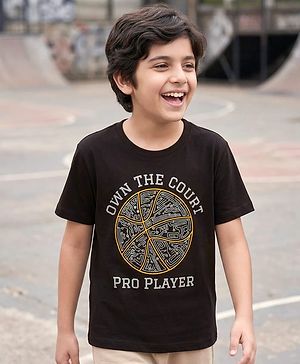 Pine Kids Cotton Knit Half Sleeves T-Shirt with Sport Print - Black