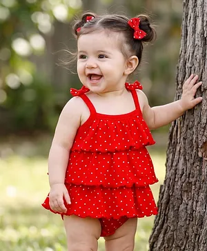 Babyhug 100% Cotton Knit Sleeveless
                              Frock Style Onesie with Heart Print - Dark
                              Red