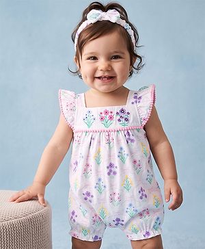 Babyhug 100% Cotton Knit Sleeveless Floral Printed Romper With Headband - Multicolor