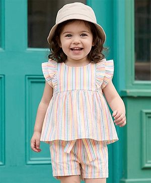 Babyhug Seer-Sucker Woven Half Sleeves Striped Top & Shorts Set With Belt - Multicolor