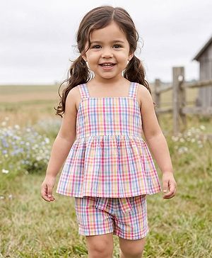 Babyhug Seer-Sucker Woven Sleeveless Striped Top & Shorts Set With Belt - Multicolor
