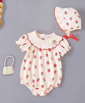 Mark & Mia Cotton Half Sleeves
                              Strawberry Printed Onesie with Cap &
                              Lace Detailing - Beige