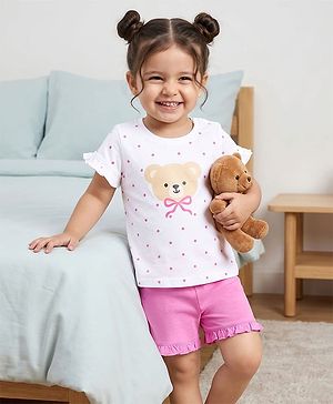 Babyhug Cotton Knit Half Sleeves T-Shirt & Shorts Night Suit with Bear Print & Bow Applique - Pink & White
