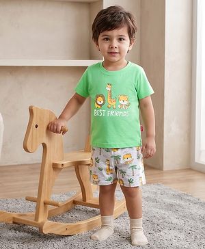 Babyhug Cotton Knit Half Sleeves Animal Printed T-Shirt & Shorts Night Suit - Light Green