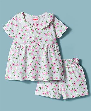 Babyhug Cotton Knit Half Sleeves Front Open Co-ords Top & Shorts Night Suit with Floral Print - White