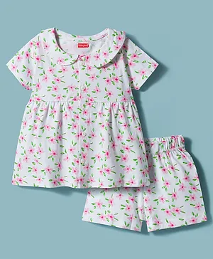 Babyhug Cotton Knit Half Sleeves
                              Front Open Co-ords Top & Shorts Night
                              Suit with Floral Print - White