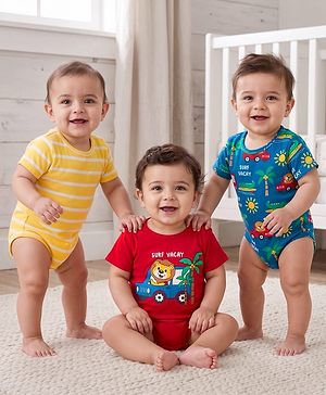 Babyhug 100% Cotton Knit Half Sleeves Onesies with Safari Theme Print Pack of 3 - Multicolor