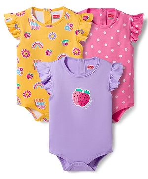 Babyhug 100% Cotton Knit Frill Sleeves Onesies with Tropical Theme & Polka Dot Print Pack of 3 - Multicolor