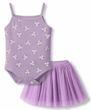 Babyhug 100% Interlock Knit
                              Sleeveless Onesie & Skirt With Floral
                              Print - Purple