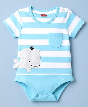 Babyhug 100% Cotton Interlock Knit Half Sleeves Striped Onesie With Whale Applique - Light Blue