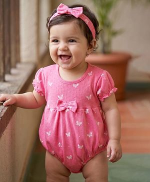 Babyhug 100% Cotton Interlock Knit Half Sleeves Onesie & Hairband With Butterfly Print & Bow Applique - Pink